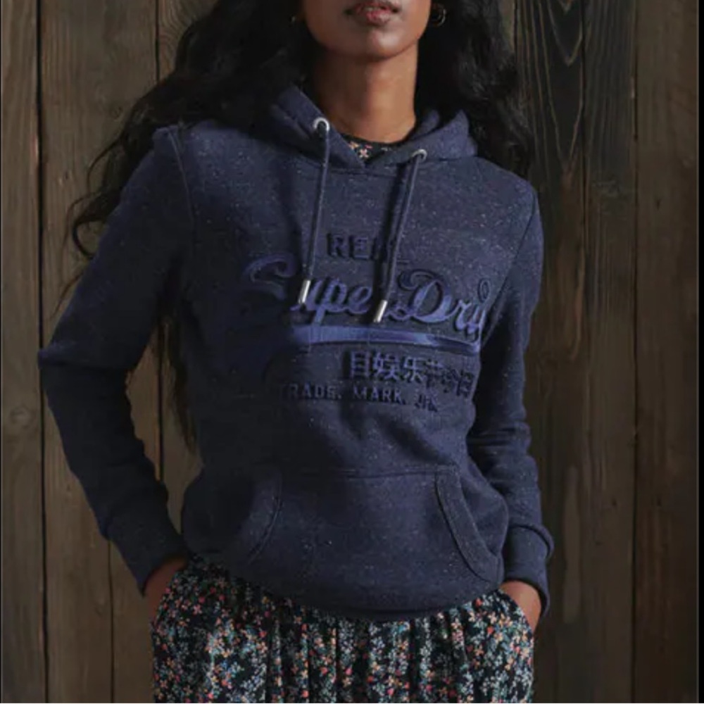 ✨ Superdry Vintage Logo Hoodie Navy Tonal Embossed Satin Small Athleisure Casual